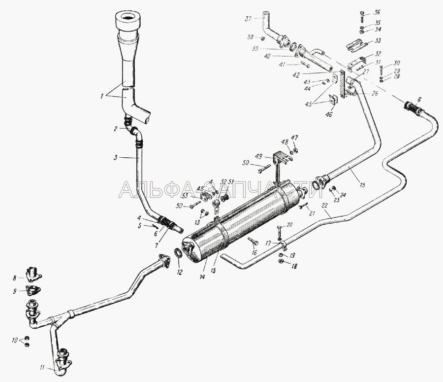 Система выпуска газов и трубы эжекции автомобиля Урал-375Д (Рис. 30) (375-1201010-Б Глушитель в сборе) 