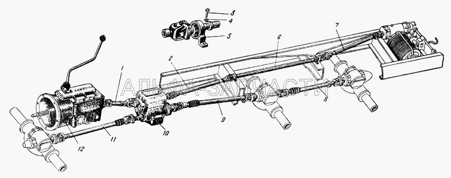 Схема расположения карданных валов автомобиля Урал-375Д (Рис. 50) (375-2202010-В3 Вал карданный промежуточный с шарнирами в сборе) 