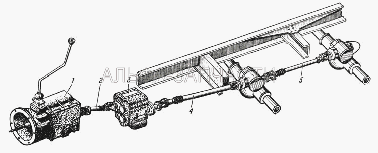 Схема расположения карданных валов автомобиля Урал-377 (Рис. 51) (375-2202010-В3 Вал карданный промежуточный с шарнирами в сборе) 