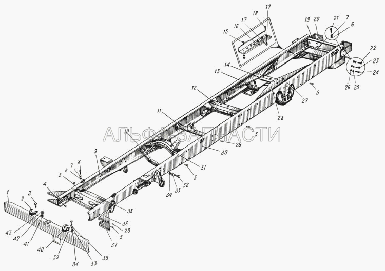 Рама автомобиля Урал-375Д (Рис. 61) (252019-П29 Шайба 21) 