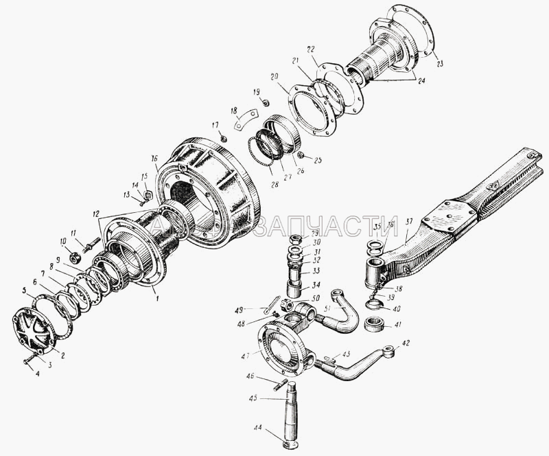 Передняя ось и ступица колеса автомобиля Урал-377 (Рис. 72) (264020-П29 Масленка 1.3) 