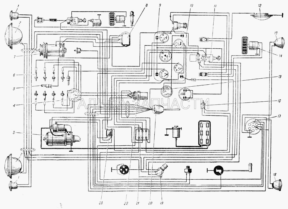 Схема электрооборудования автомобиля Урал-377 (Рис. 105)  