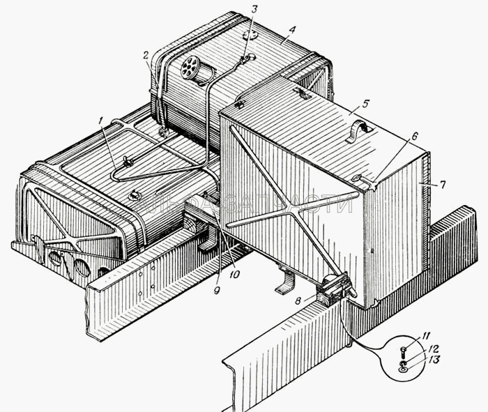 Крепление инструментального ящика и дополнительного топливного бака седельного тягача Урал-375С (Рис. 163) (252039-П9 Шайба 10,5) 