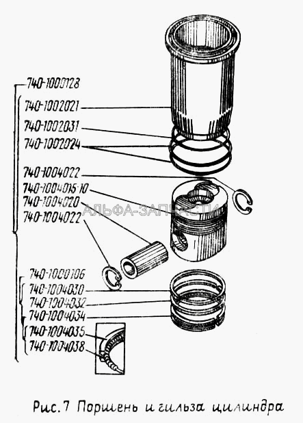 Поршень и гильза цилиндра (740-1000106Р Кольца поршневые, к-т на 1 поршень) 