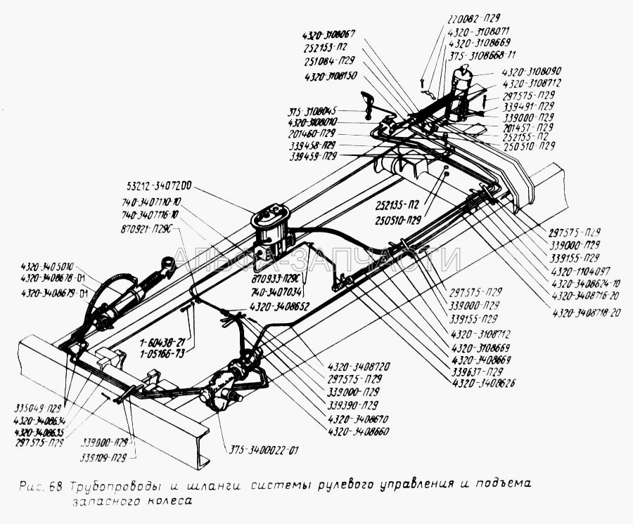 Трубопроводы и шланги системы рулевого управления и подъема запасного колеса (4320-3108010 Кран гидроподъемника в сборе) 
