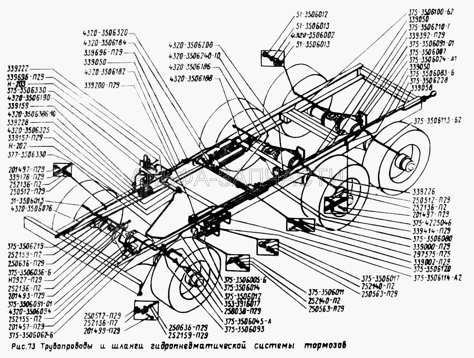 Трубопроводы и шланги гидропневматической системы тормозов (375-3506113-Б2 Трубопровод от тройника к левому тормозу среднего (заднего) моста в сборе) 