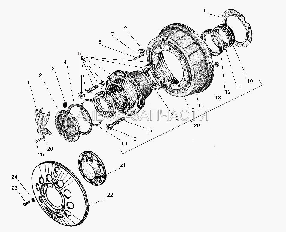 Ступица колеса и тормозной барабан среднего моста (устанавливается на все мосты без АБС)  