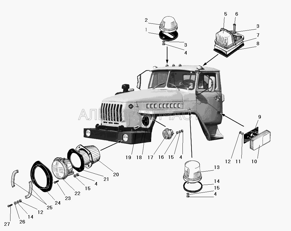 Установка фар, фонарей знака автопоезда, передних, габаритных и боковых повторителей (511.3726010 Повторитель боковой указателя поворота) 