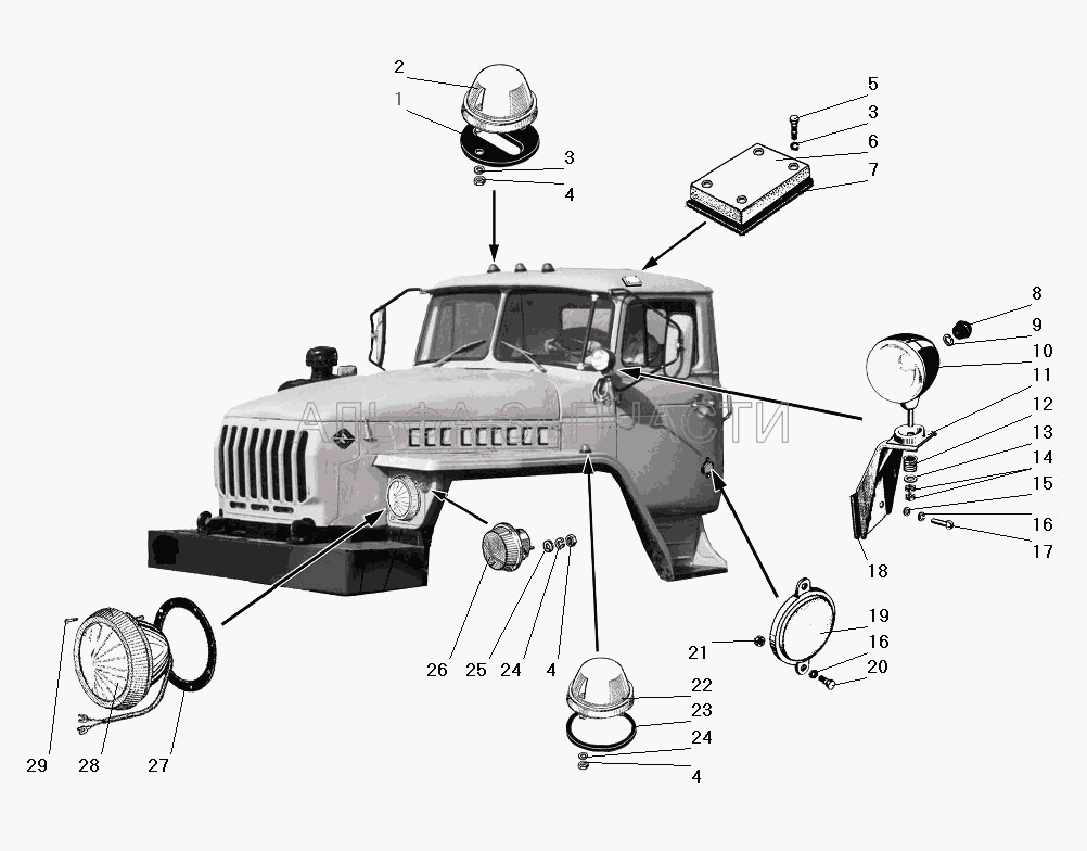 Установка фар, фонарей знака автопоезда и передних, фары-прожектора, световозвращателей и боковых повторителей (для МО)  