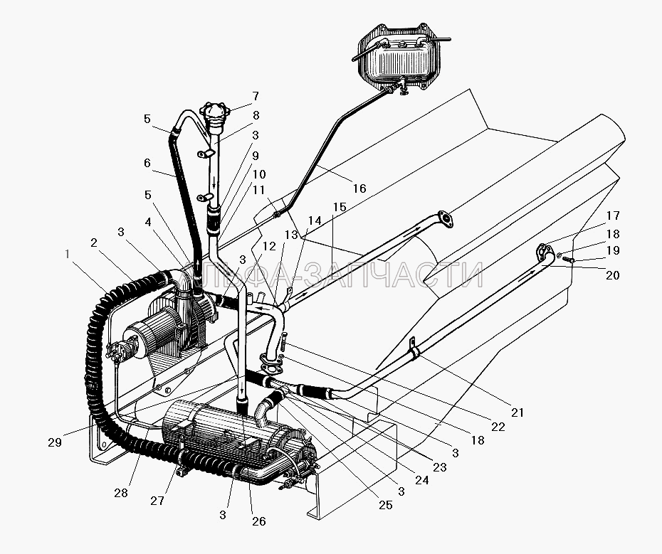 Трубы и шланги системы предпускового подогрева (двигатель с насосом повышенной производительности)  