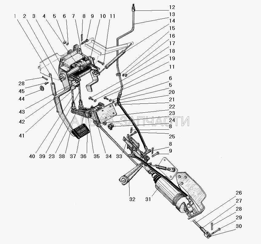 Привод педалей сцепления и тормоза (трансмиссия для МО) (5557Я-1602074-01 Рычаг вала вилки выключения сцепления) 