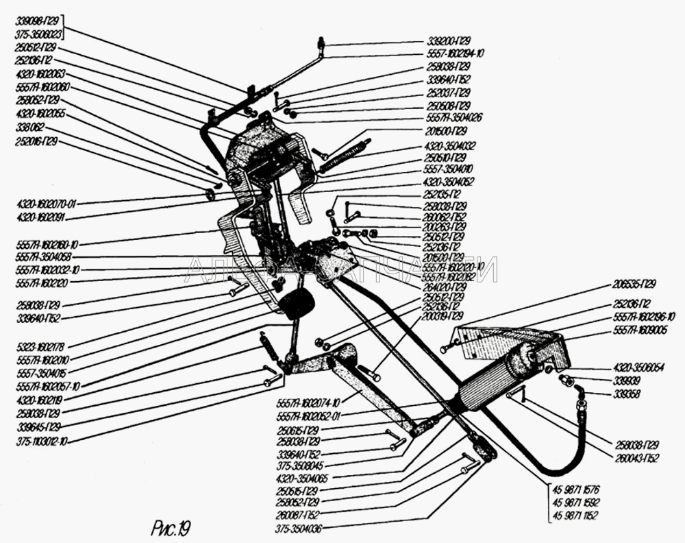 Привод педалей сцепления и тормоза (для диафрагменного сцепления) (5557Я-1602074-10 Рычаг вала вилки выключения сцепления) 