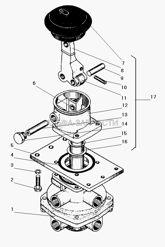 Тормозной двухсекционный кран с рычагом (100-3514013 Кольцо прокладочное) 