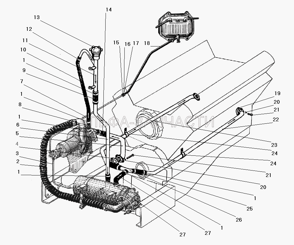 Трубы и шланги системы предпускового подогрева (4320-1015590 Труба наливная котла верхняя в сборе) 