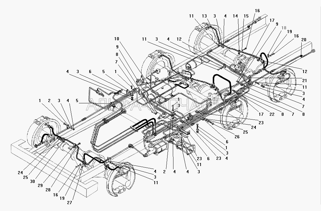 Крепление трубопроводов и шлангов пневмогидравлического привода рабочих тормозов без АБС (202118-П29 Болт М16х38) 