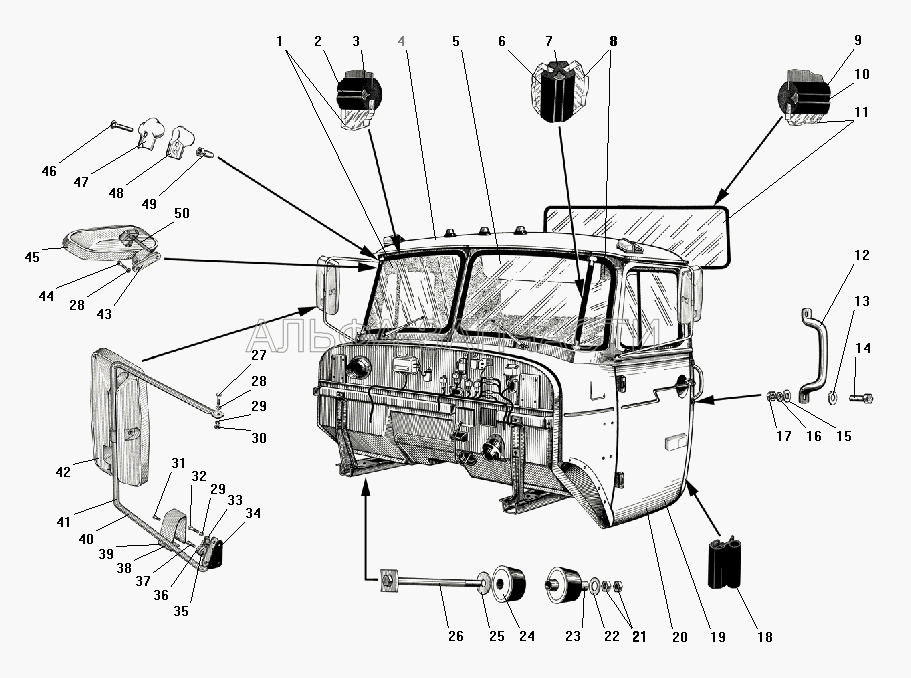 Кабина в сборе (377-5206050-01 Уплотнитель стекла ветрового окна) 