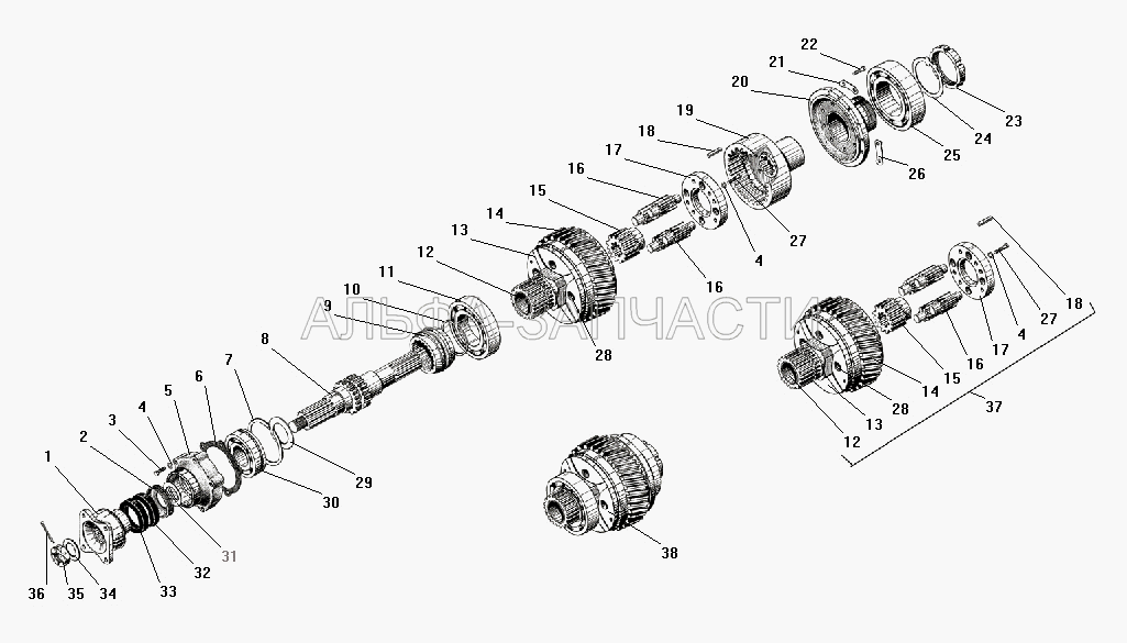Вал привода переднего моста и дифференциал раздаточной коробки  