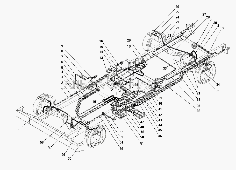 Трубопроводы и шланги гидропневматического привода рабочих тормозов без АБС.  
