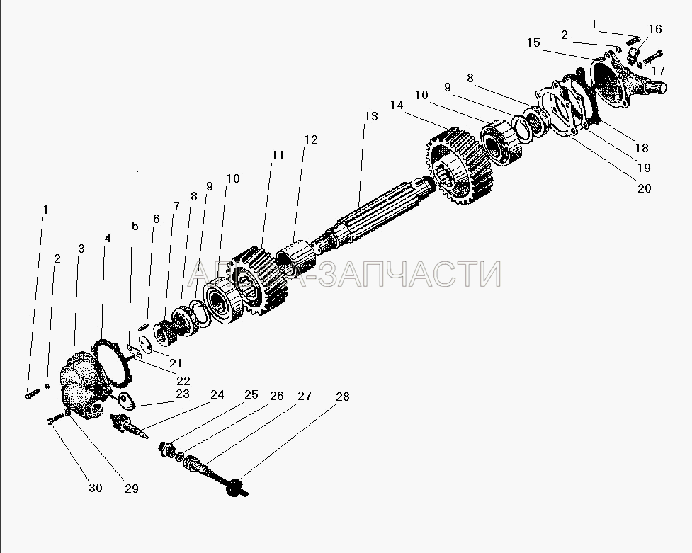 Промежуточный вал раздаточной коробки и привод спидометра (4320-1802086 Шайба упорная) 