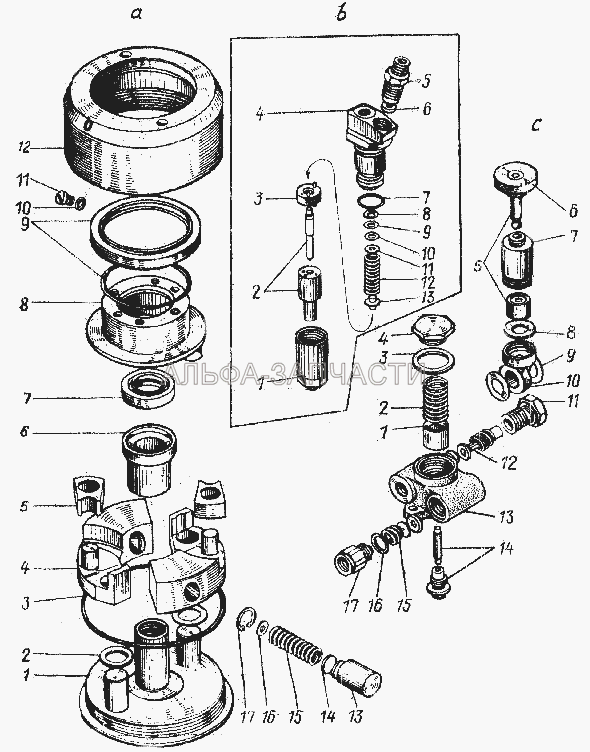 Муфта опережения впрыска (а), форсунка (б), насос ручной подкачки топлива  