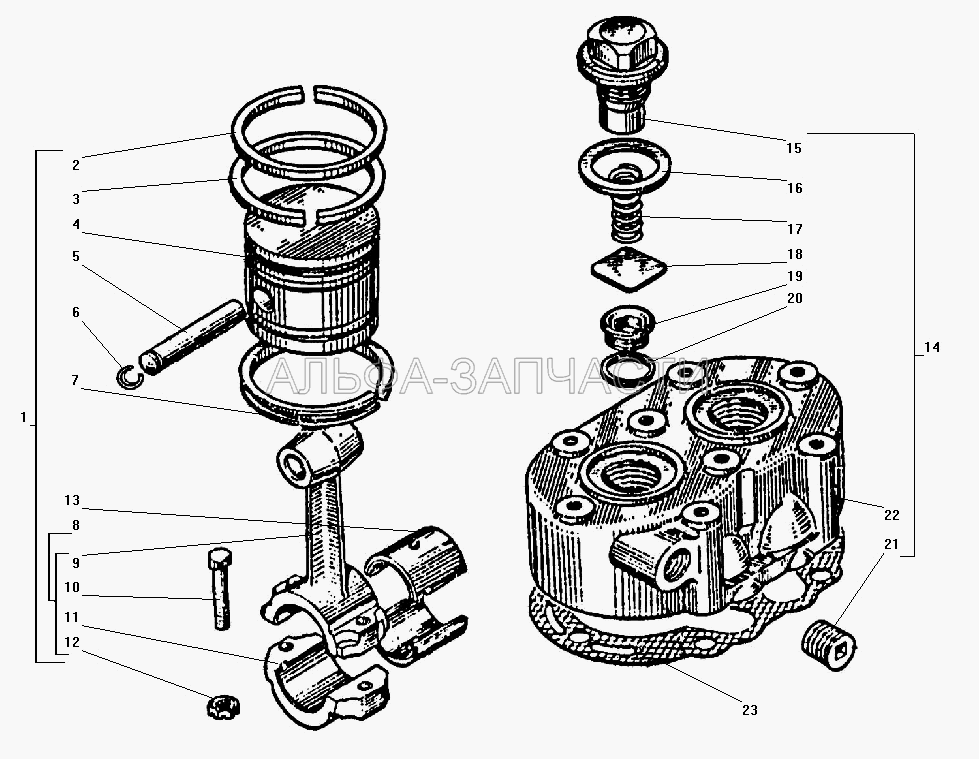 Головка и поршень компрессора (130-3509092-01 Вкладыш шатуна) 