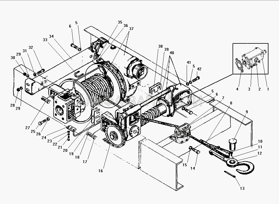 Лебедка с тросоукладчиком в сборе (202172-П29 Болт М18-6gх55) 