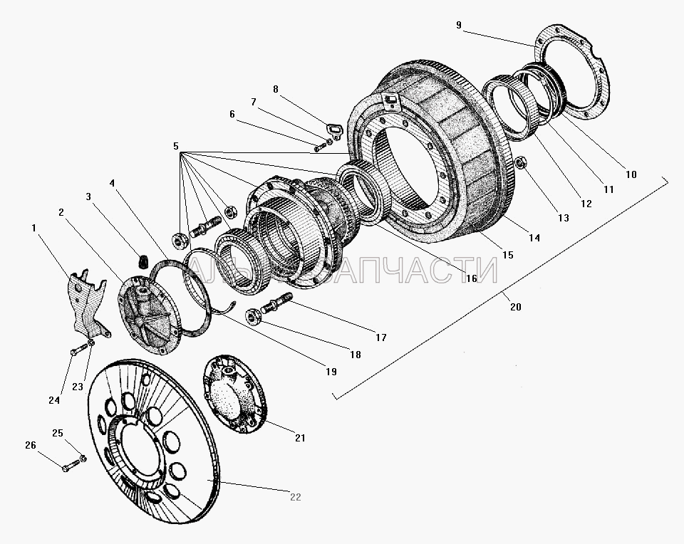 Ступица колеса и тормозной барабан среднего моста (220103-П29 Винт М6-6gх12) 