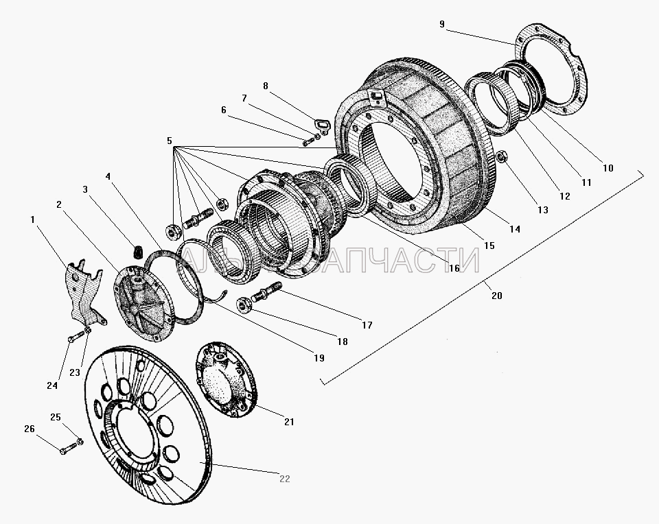 Ступица колеса и тормозной барабан среднего моста  