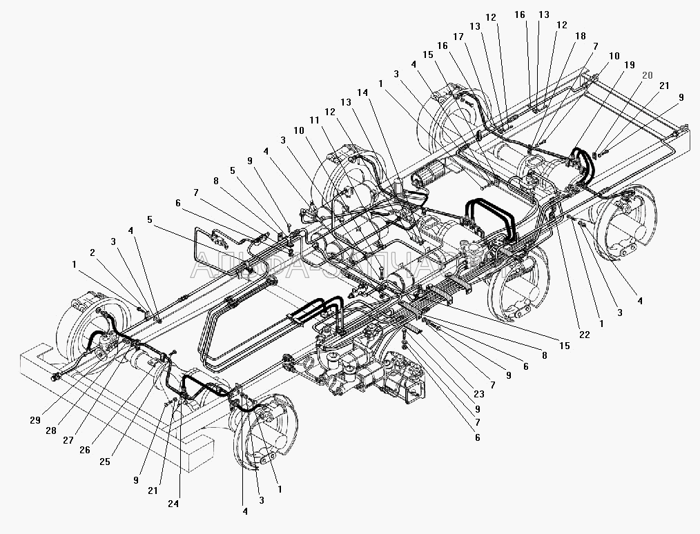 Крепление трубопроводов и шлангов гидропневматического привода рабочих тормозов  
