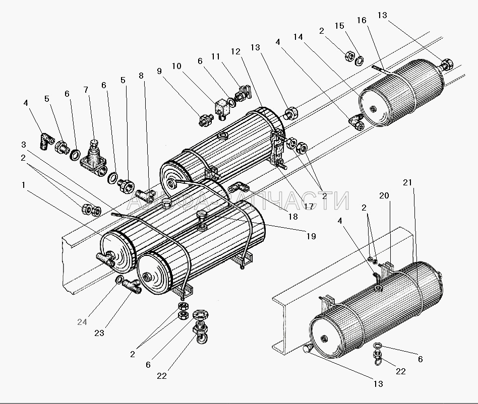 Установка воздушных баллонов (375-3513015-10 Баллон воздушный в сборе) 