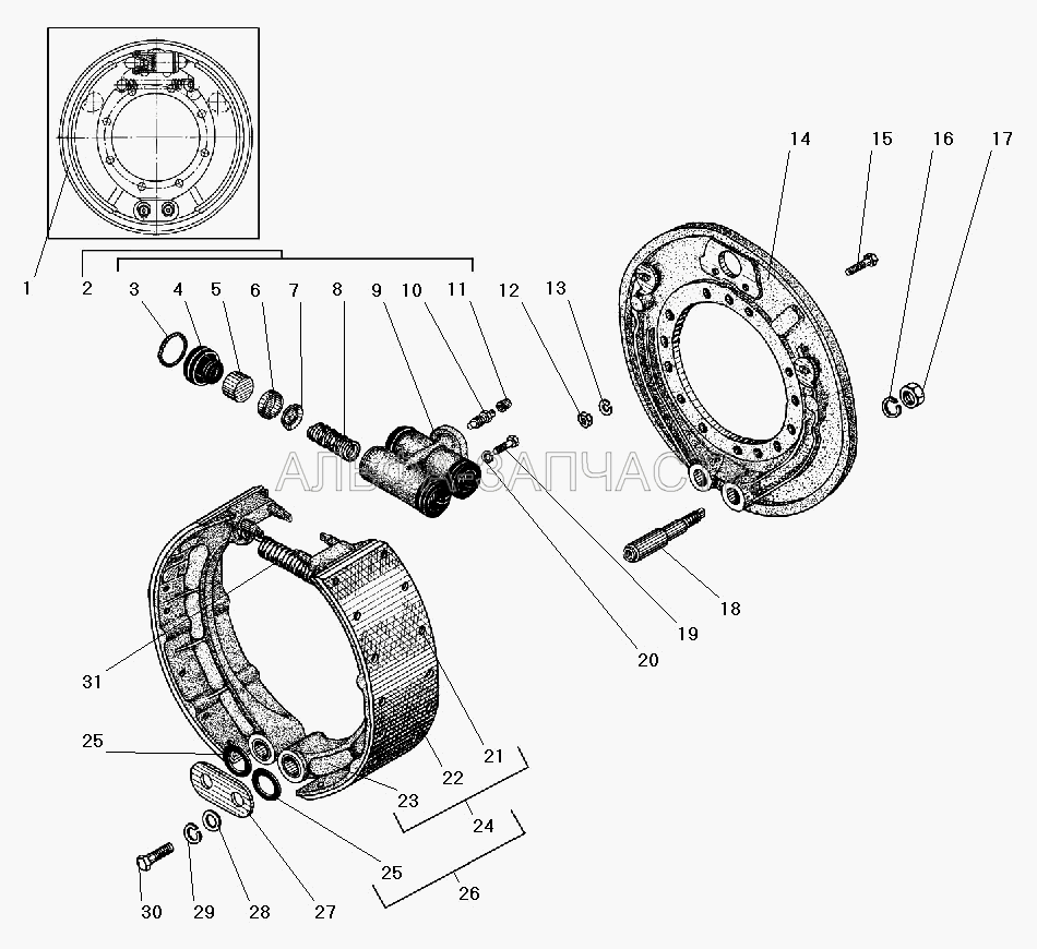 Рабочий тормоз без АБС (375-3501050-02 Поршень колесного цилиндра в сборе) 