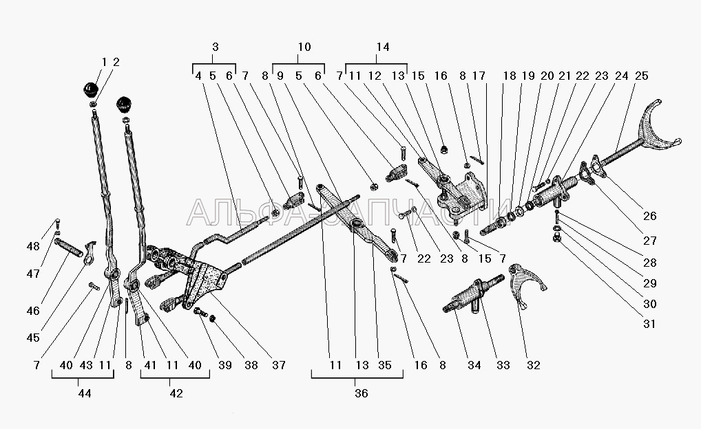 Управление и механизм переключения раздаточной коробки (4320-1804087 Поводок со втулками в сборе) 