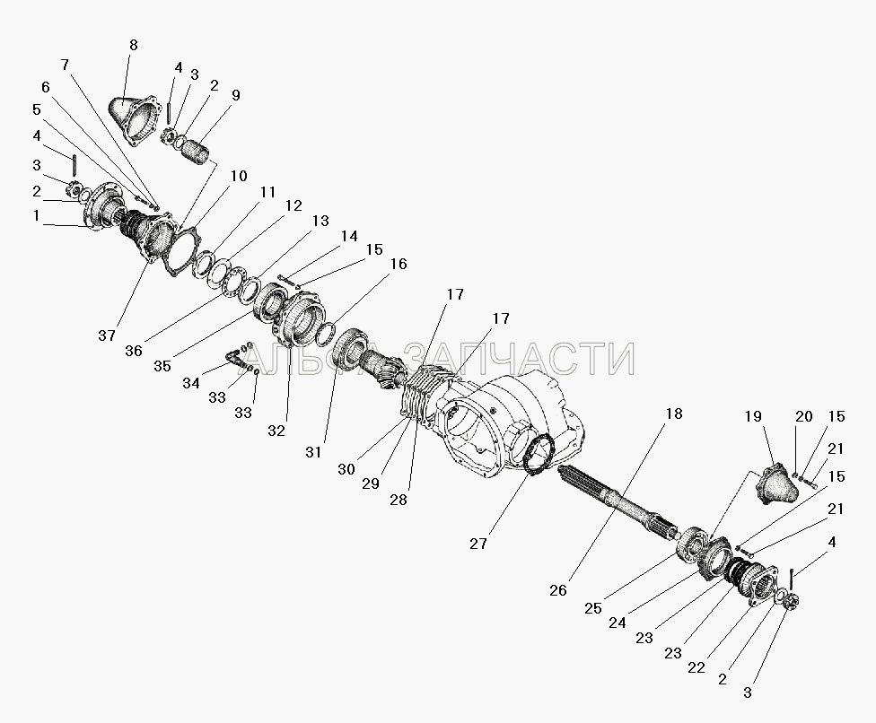 Проходной вал редуктора главной передачи (018-022-25-2-2 Кольцо уплотнительное) 