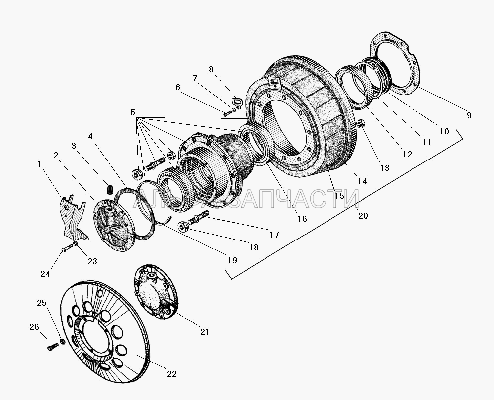 Ступица колеса и тормозной барабан среднего моста (Устанавливается на все мосты без АБС)  