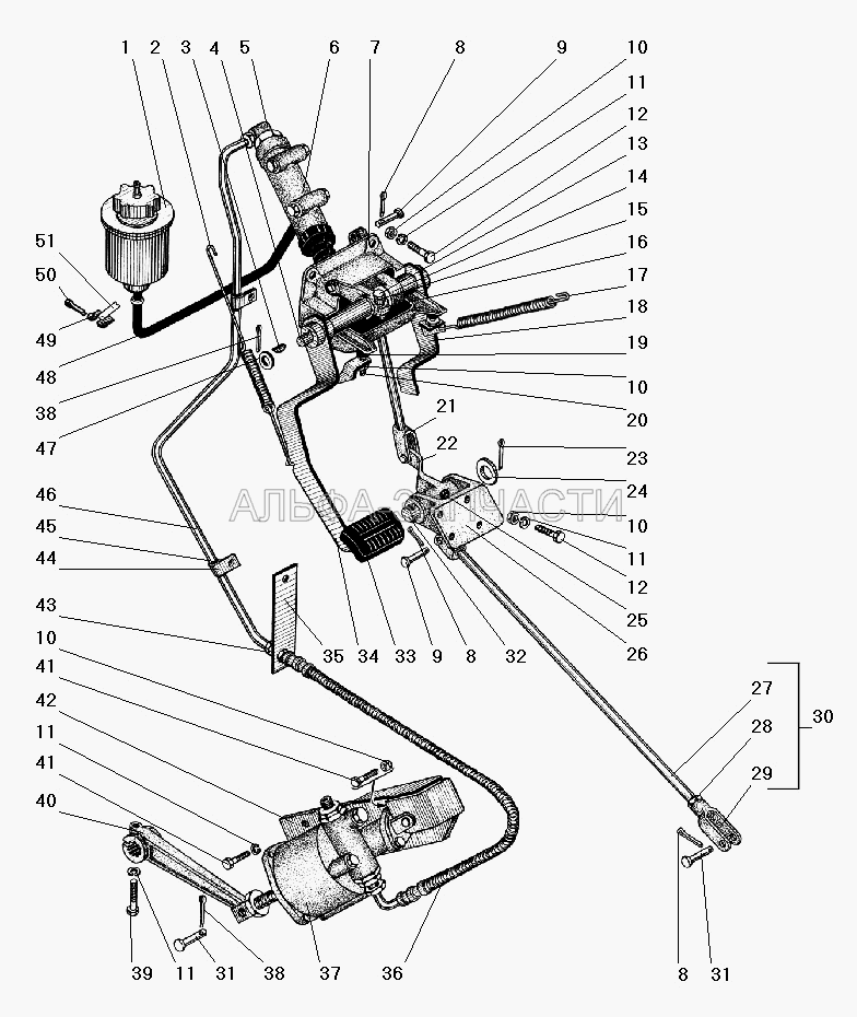 Привод педалей сцепления и тормоза с пневмогидроуправлением (252135-П2 Шайба 8 пружинная) 
