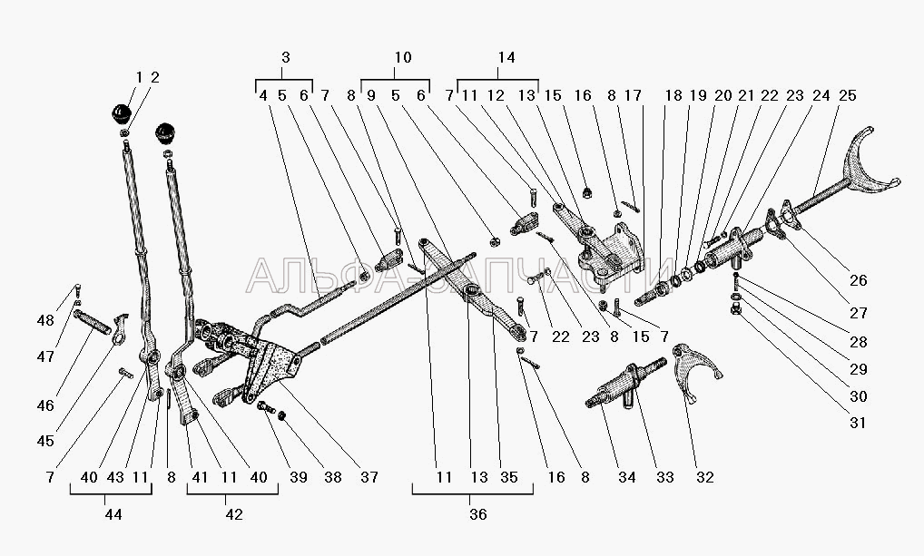 Управление и механизм переключения раздаточной коробки (4320-1804087 Поводок со втулками в сборе) 