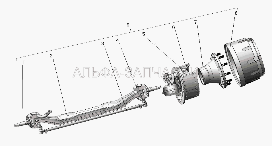 Ось передняя со ступицей и тормозом  